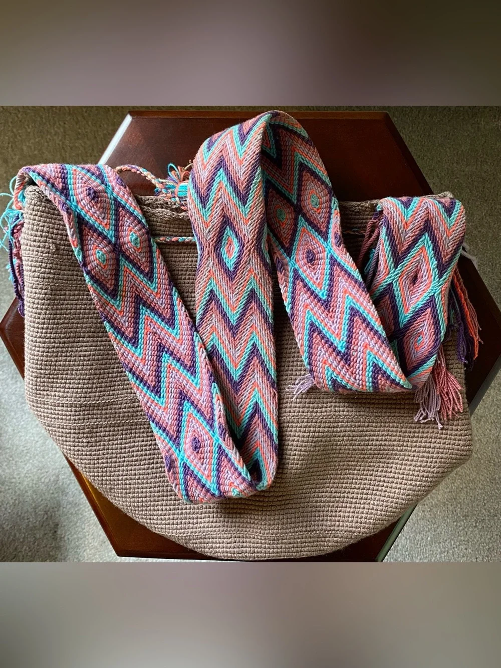 Handwoven Colombian Bag with Multicolor Chevron Strap & Tassels